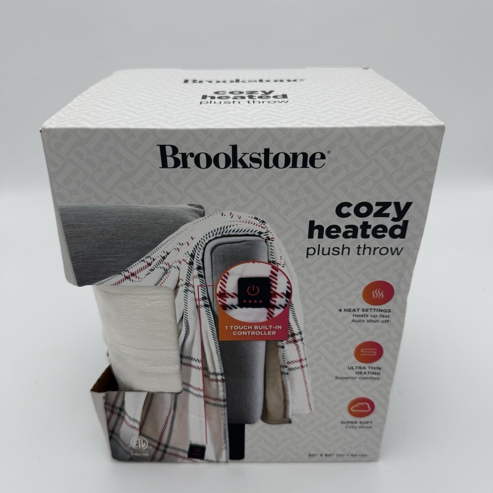 Brookstone Cozy Heated Plush Throw Blanket 50x60 4 Heat Settings Cream Plaid